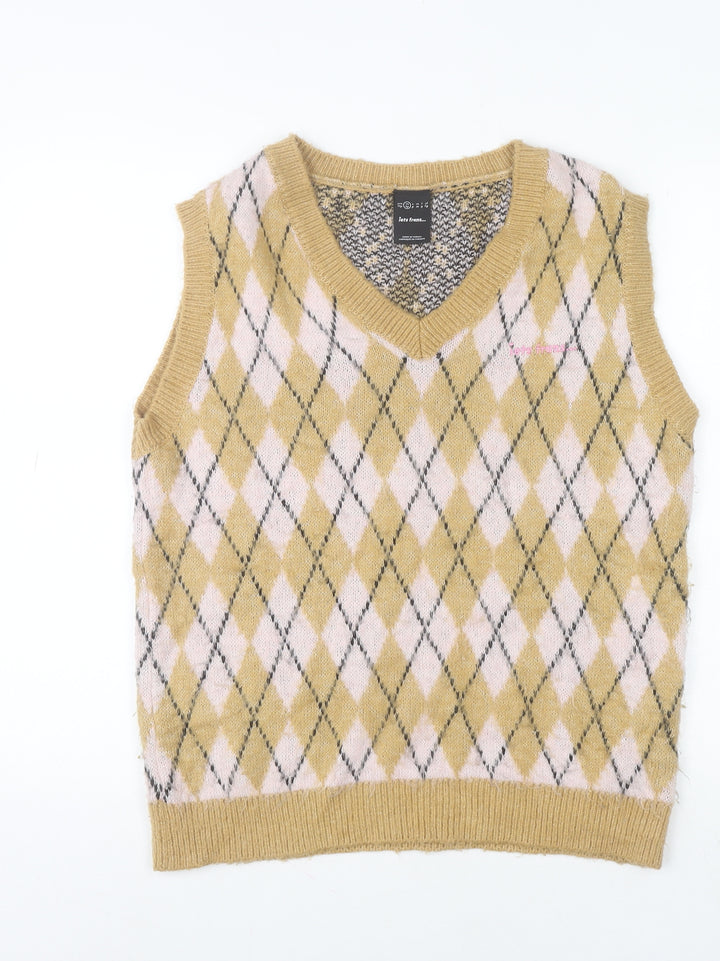 iets frans Unisex Beige Argyle Knit V-Neck Sleeveless Vest XS