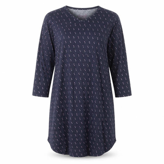 Front view of Zenith women’s blue polka dot t-shirt dress, size S, 3/4 sleeve