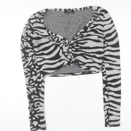 Bershka Women’s Grey Zebra Print Cropped Long Sleeve V-Neck Top Size S
