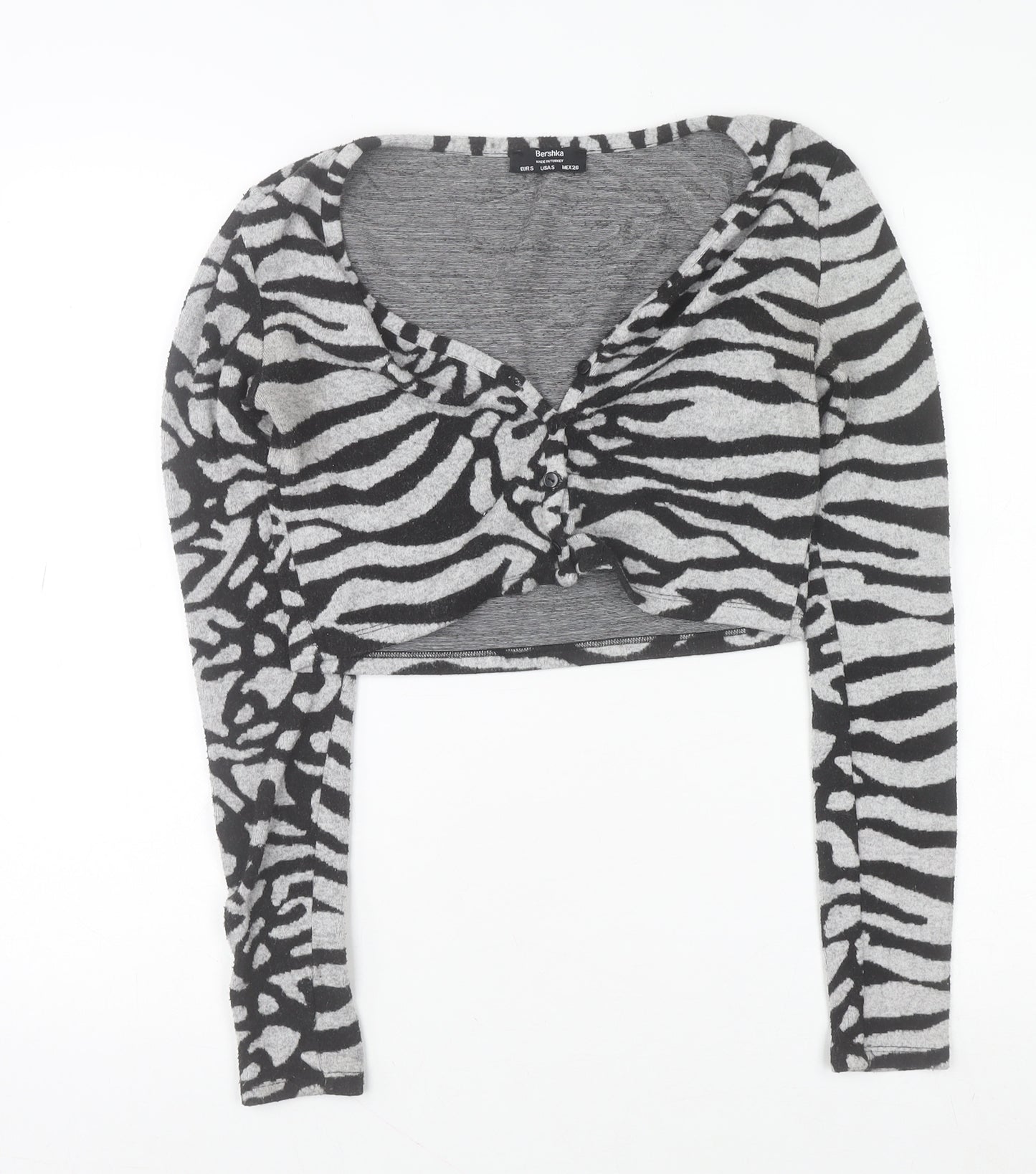 Bershka Women’s Grey Zebra Print Cropped Long Sleeve V-Neck Top Size S