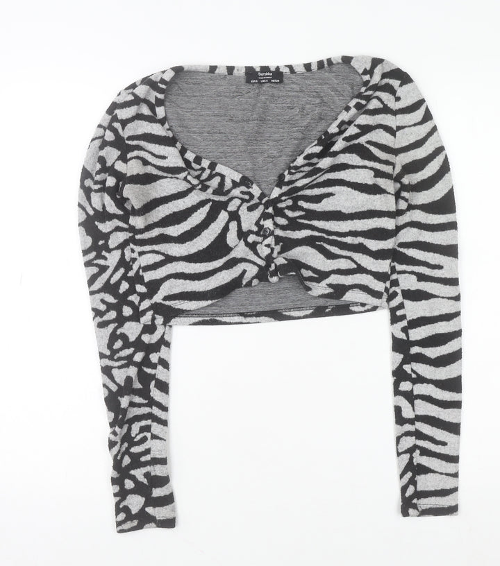 Bershka Women’s Grey Zebra Print Cropped Long Sleeve V-Neck Top Size S