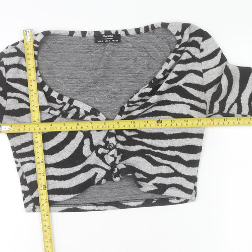 Bershka Women’s Grey Zebra Print Cropped Long Sleeve V-Neck Top Size S