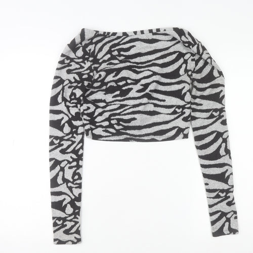 Bershka Women’s Grey Zebra Print Cropped Long Sleeve V-Neck Top Size S