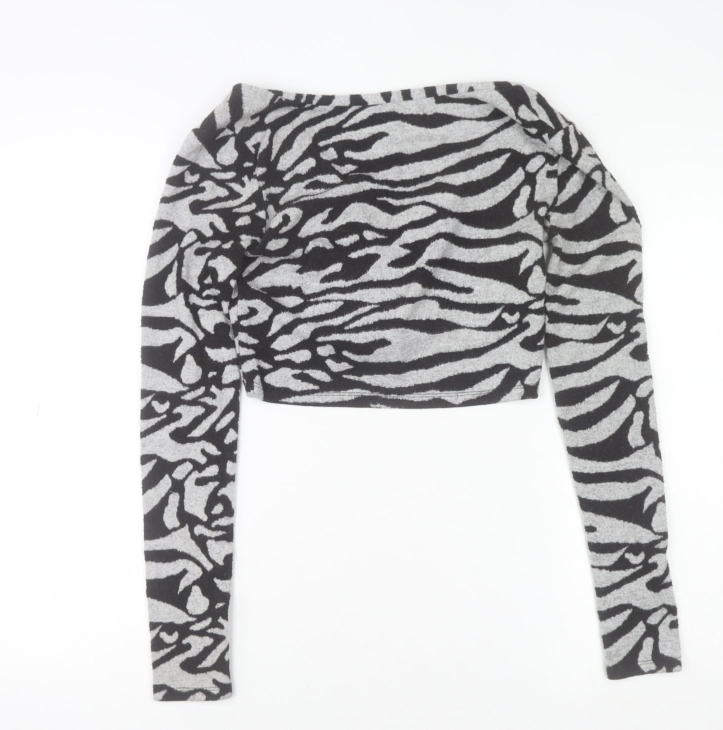 Bershka Women’s Grey Zebra Print Cropped Long Sleeve V-Neck Top Size S