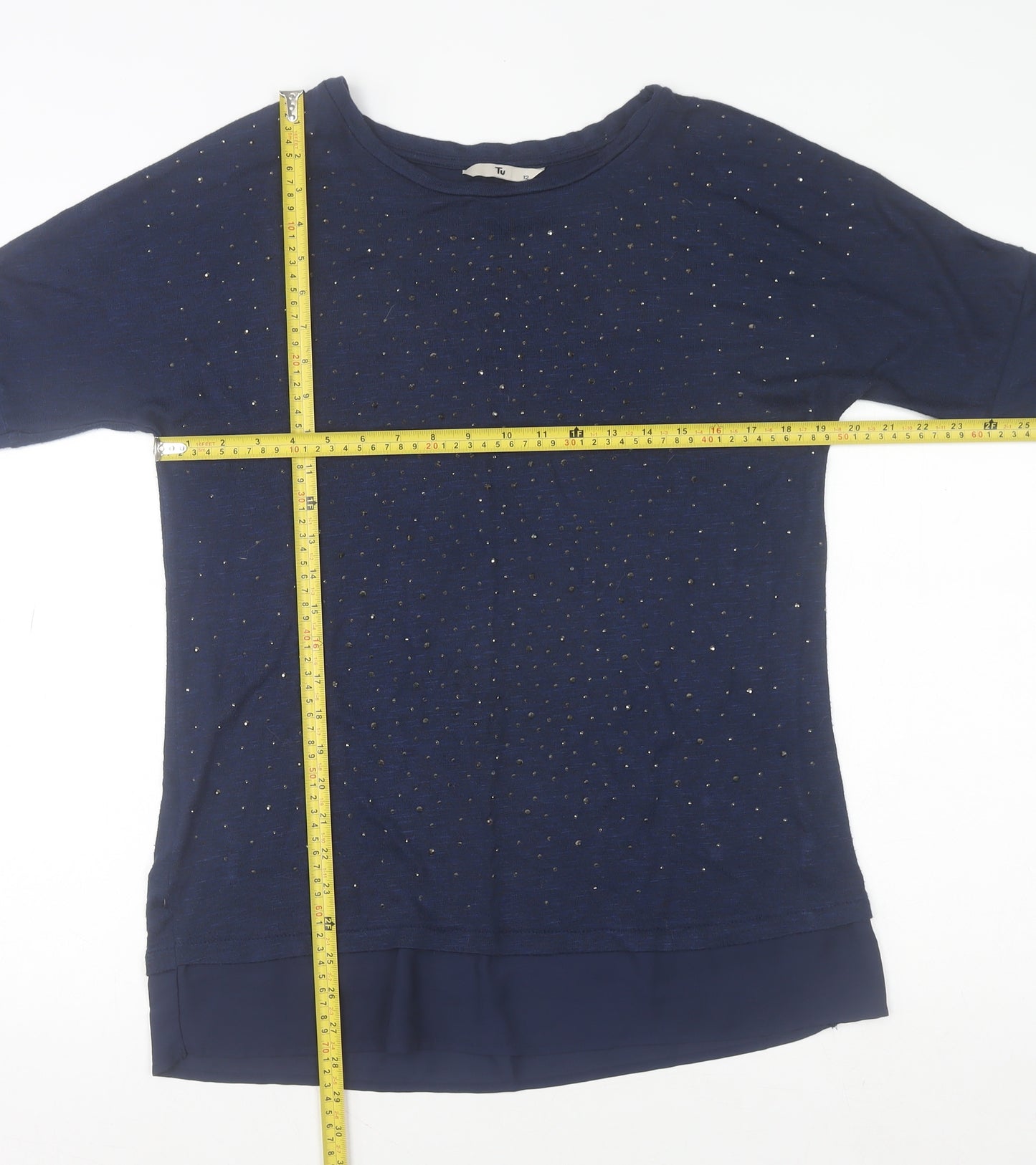 Tu Women Blue Long Sleeve Beaded Tunic Top Size 12