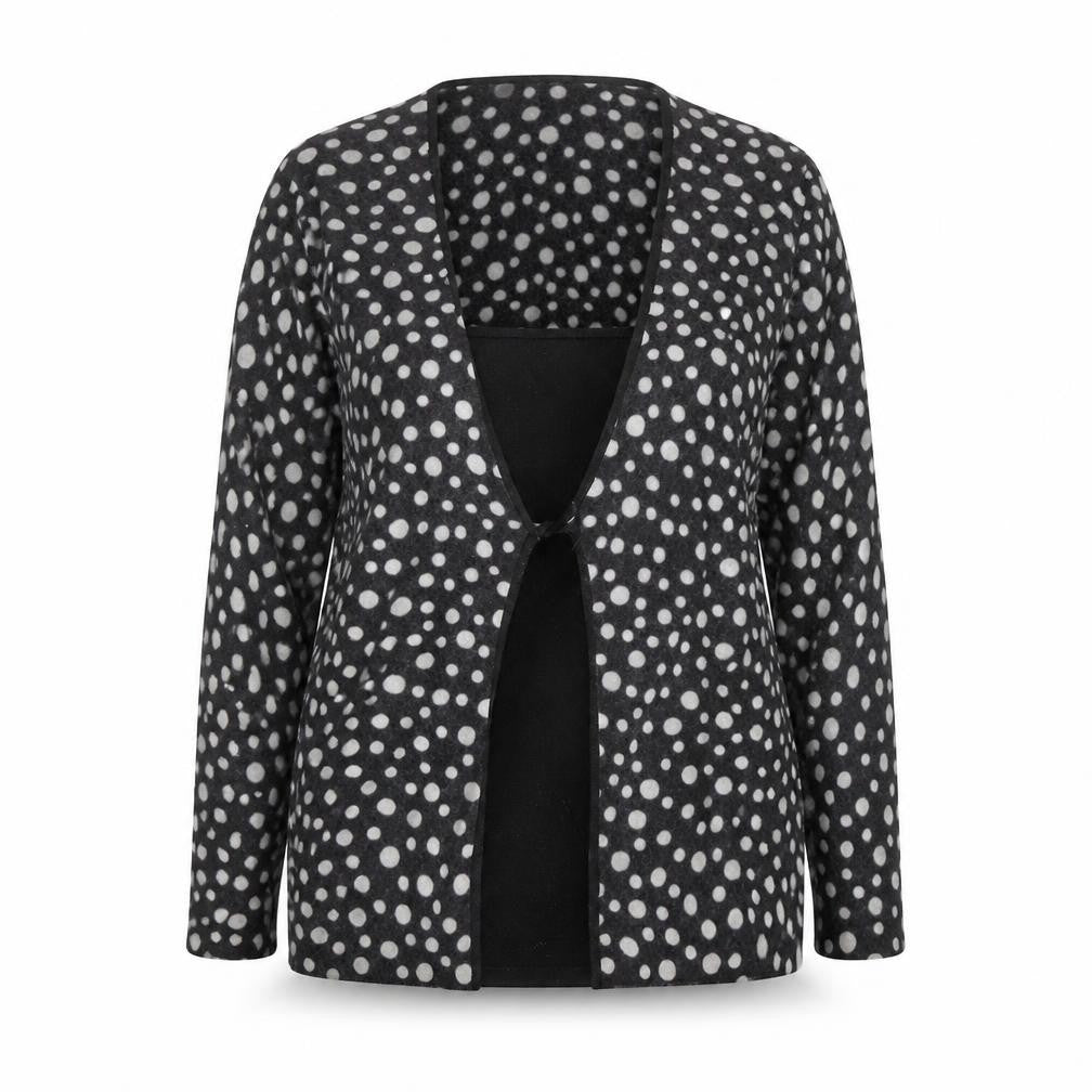 Front view of East women’s black white wool polka dot open cardigan, size UK 16