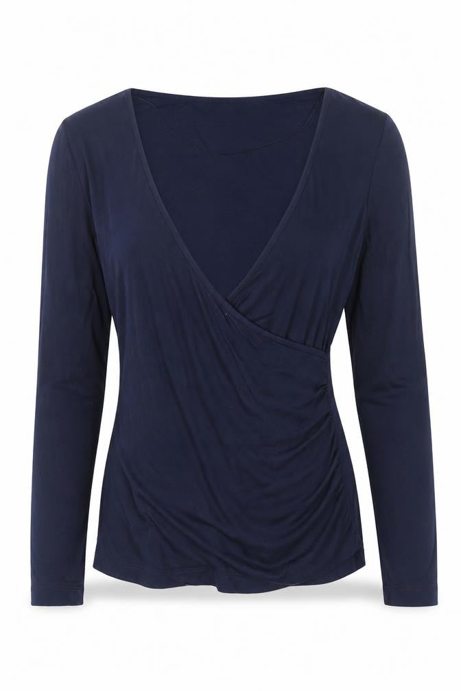 Front view of Jaeger Women’s Navy Wrap V-Neck Long Sleeve Blouse, size UK 8