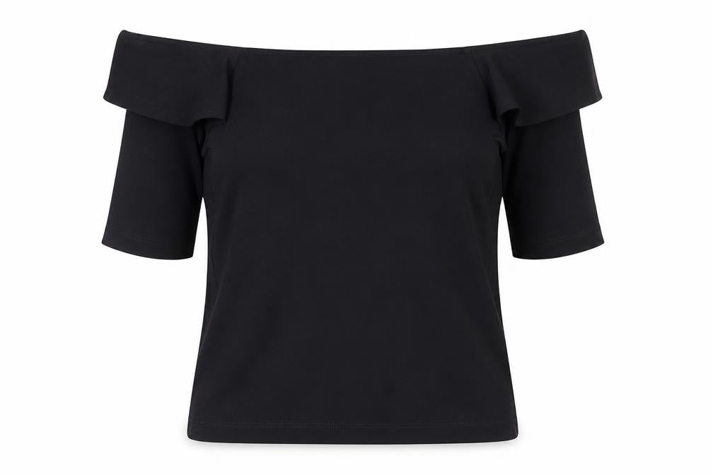 Front view of Whistles Women Black Off Shoulder Ruffle Stretch Blouse, size 16