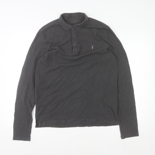 AllSaints Men's Black Long Sleeve Cotton Polo Shirt Size M Slim Fit