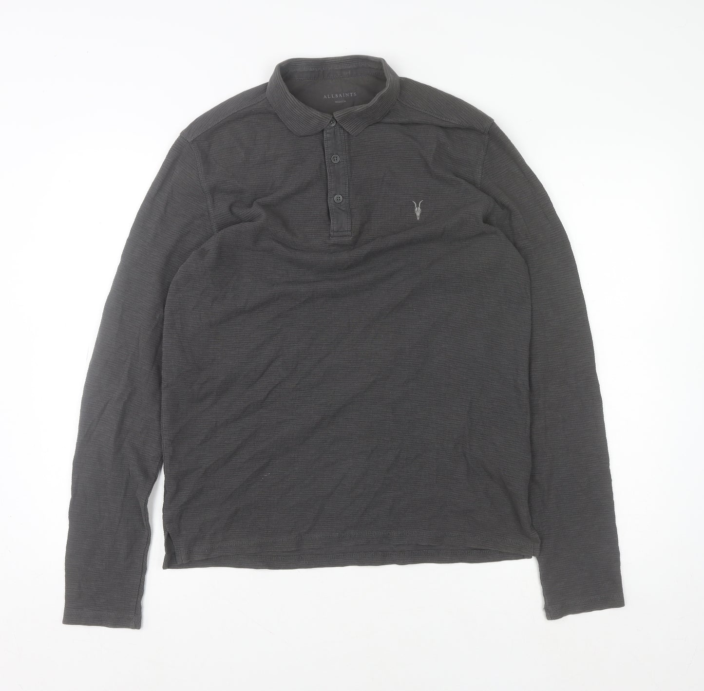 AllSaints Men's Black Long Sleeve Cotton Polo Shirt Size M Slim Fit