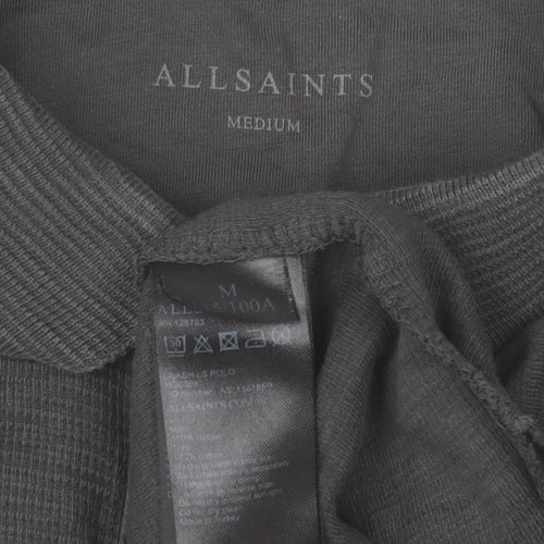 AllSaints Men's Black Long Sleeve Cotton Polo Shirt Size M Slim Fit
