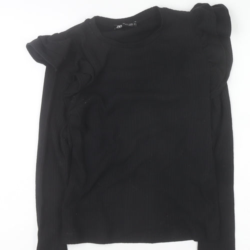 ZARA Women Black Ruffle Long Sleeve Jersey Blouse Size S