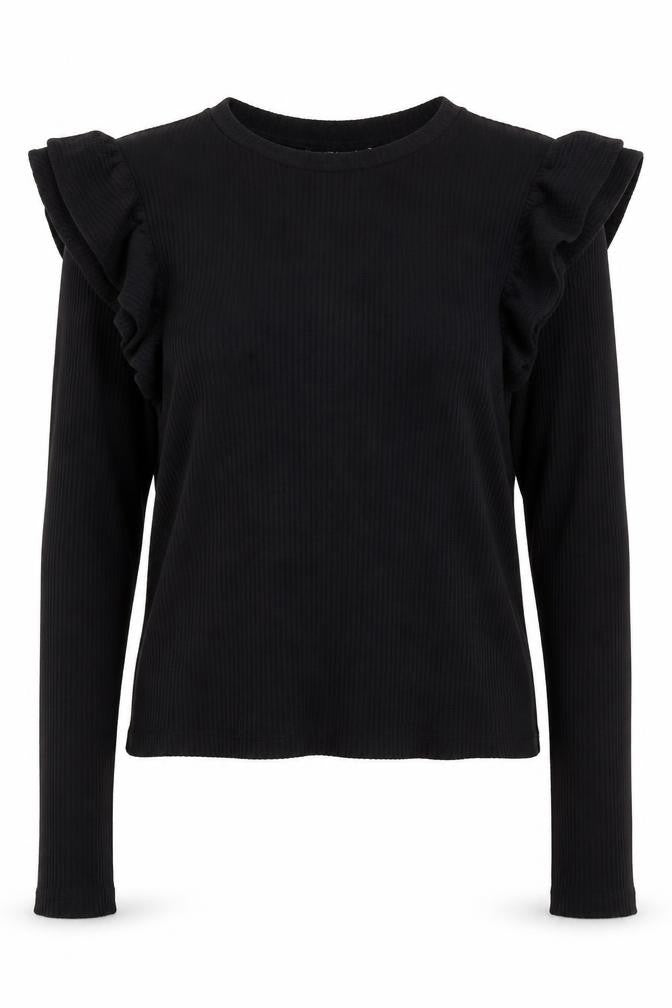 Front view of Zara Women Black Ruffle Long Sleeve Jersey Blouse, size S