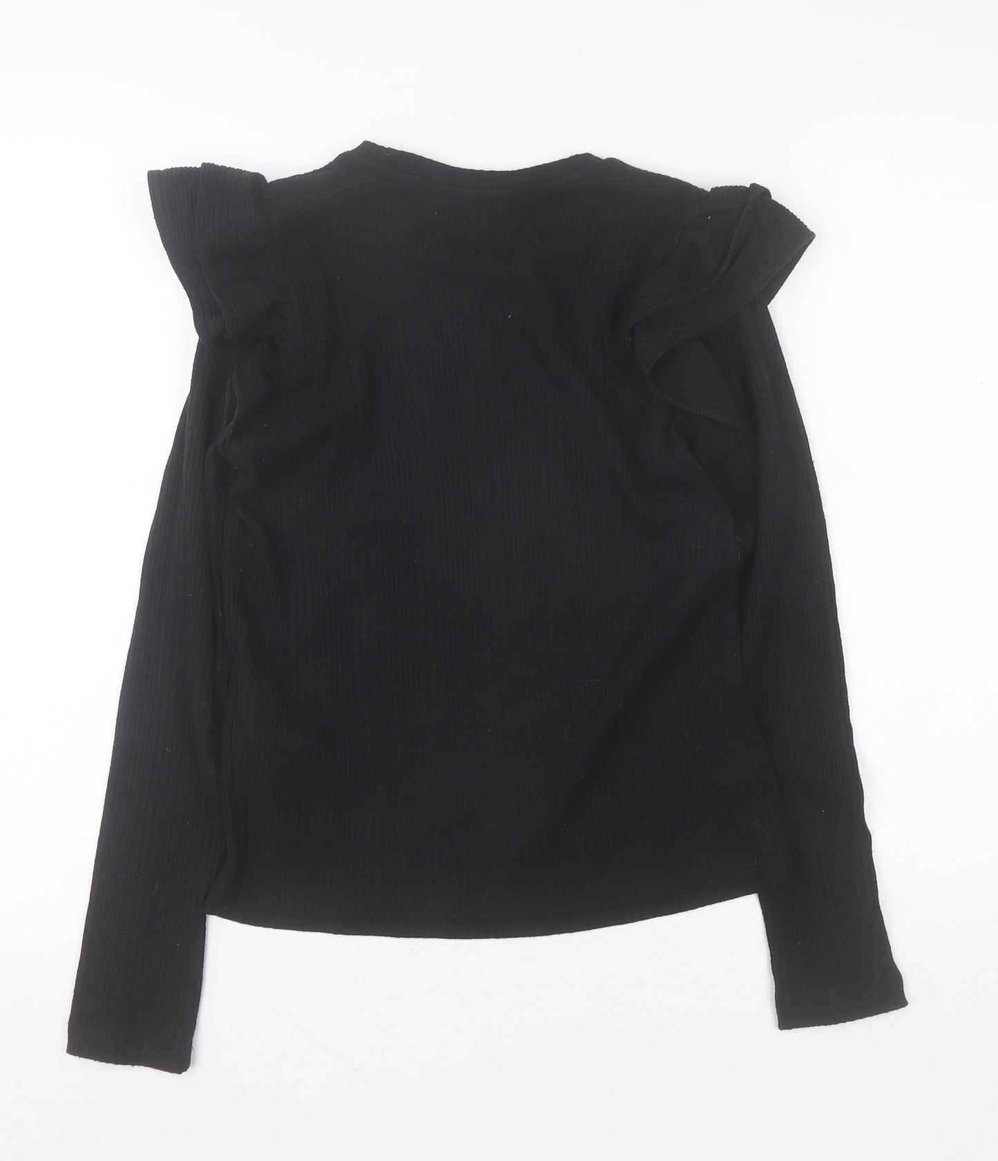 ZARA Women Black Ruffle Long Sleeve Jersey Blouse Size S