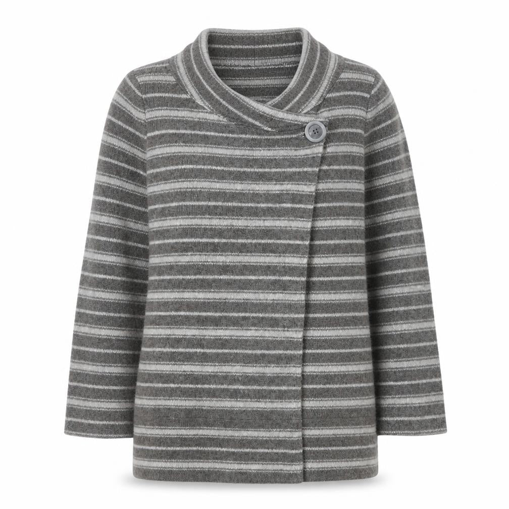 Front view of Ellen Tracy women’s grey striped cowl neck cardigan medium