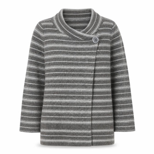 Front view of Ellen Tracy women’s grey striped cowl neck cardigan medium
