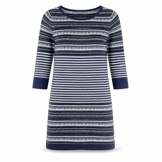 Front view of First Avenue Women's Blue Striped Jumper Dress, size S, 3/4 Sleeve Knit