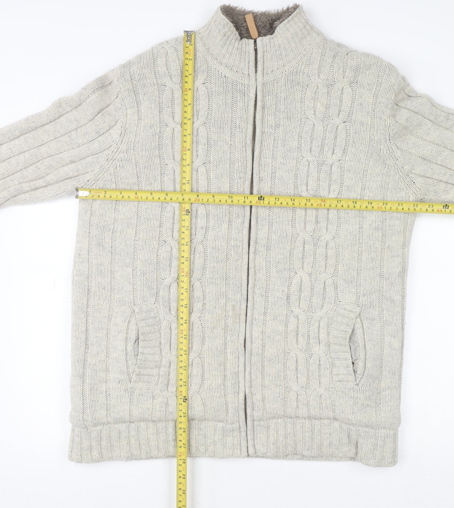 Cherokee Men's Beige Wool Blend Full Zip Cable Knit Jumper L