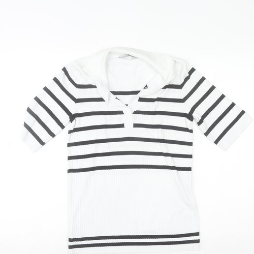 Next Women White Black Striped Collared Short Sleeve Stretch T-Shirt Size 6