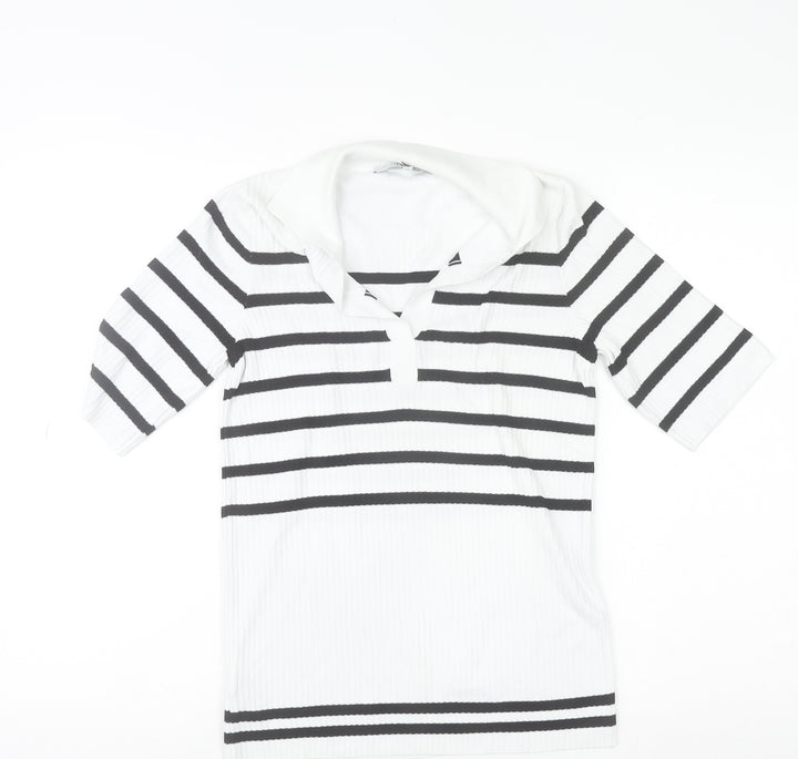 Next Women White Black Striped Collared Short Sleeve Stretch T-Shirt Size 6
