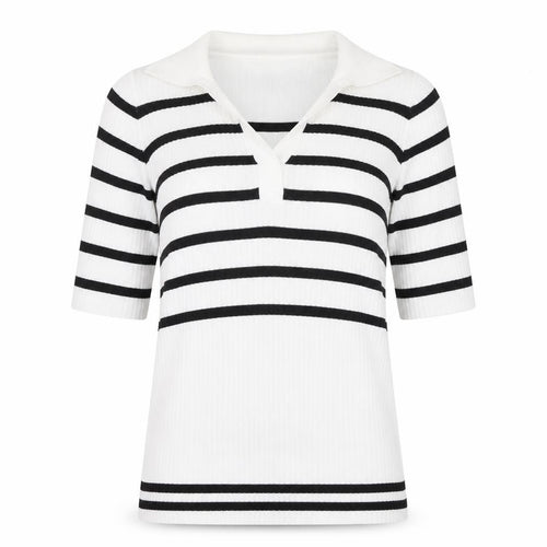 Next Women White Black Striped Collared Short Sleeve Stretch T-Shirt Size 6