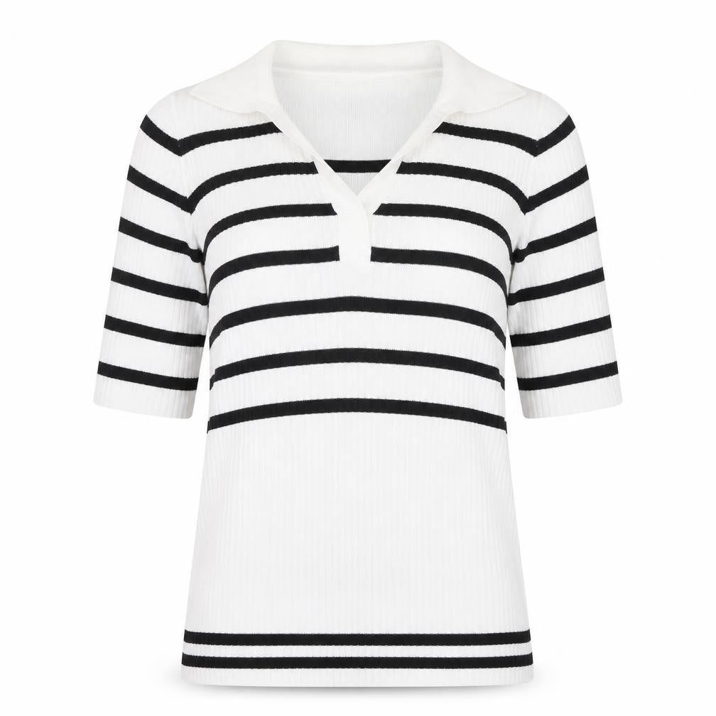 Next Women White Black Striped Collared Short Sleeve Stretch T-Shirt Size 6