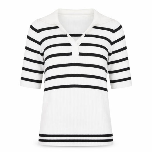 Front view of Next Women White Black Striped Collared Short Sleeve Stretch T-Shirt, size 6