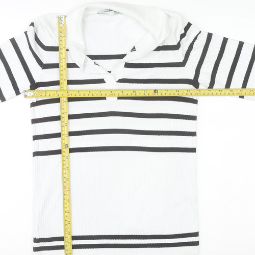Next Women White Black Striped Collared Short Sleeve Stretch T-Shirt Size 6