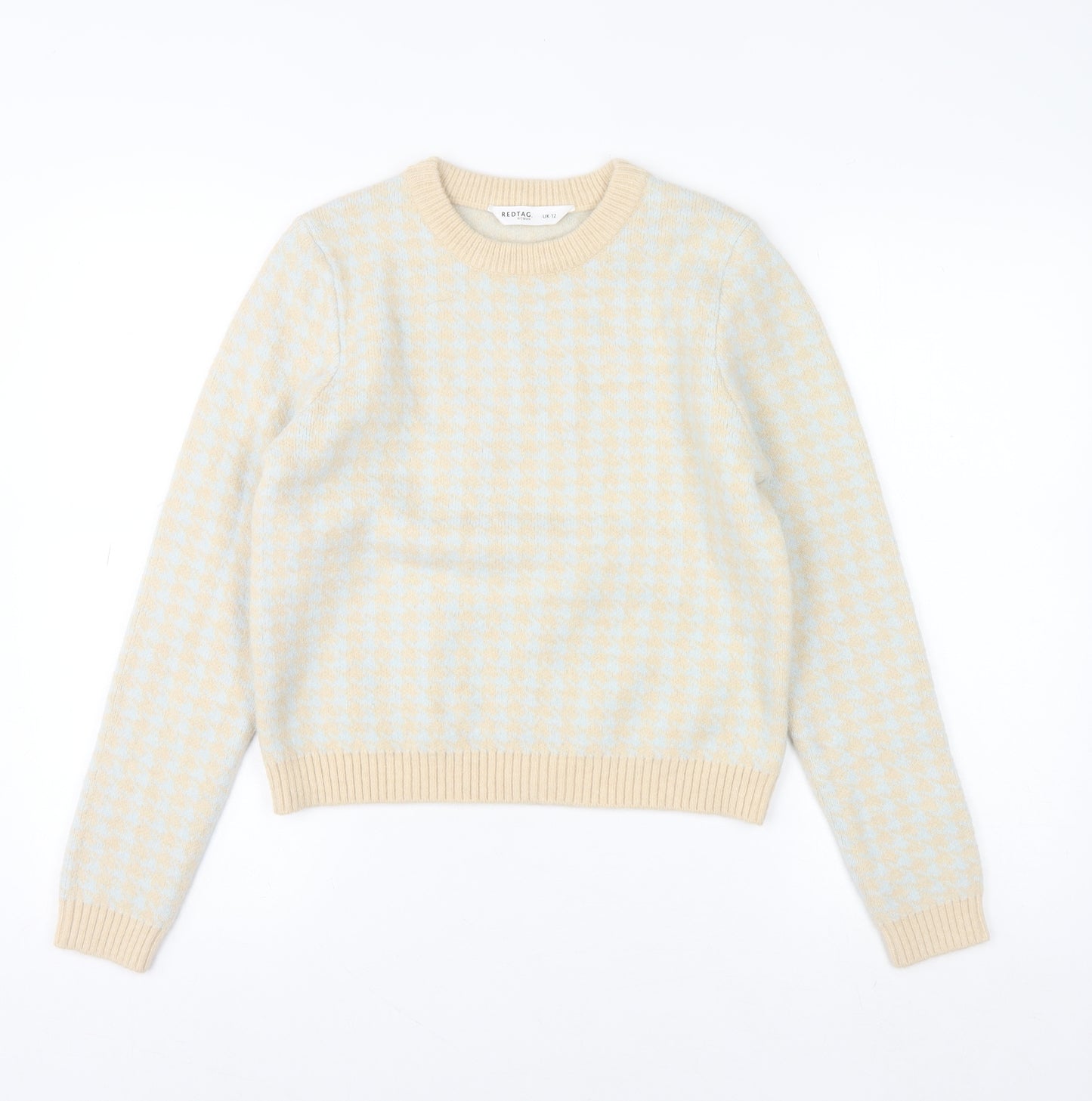 Redtag Woman Beige Blue Houndstooth Crew Neck Jumper UK 12