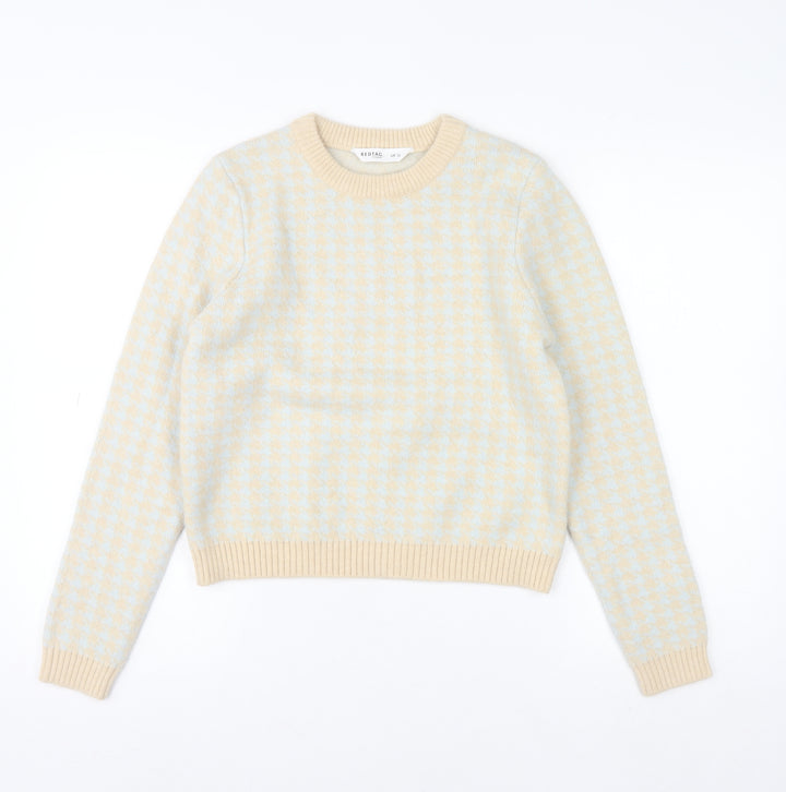 Redtag Woman Beige Blue Houndstooth Crew Neck Jumper UK 12