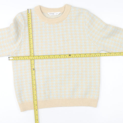 Redtag Woman Beige Blue Houndstooth Crew Neck Jumper UK 12
