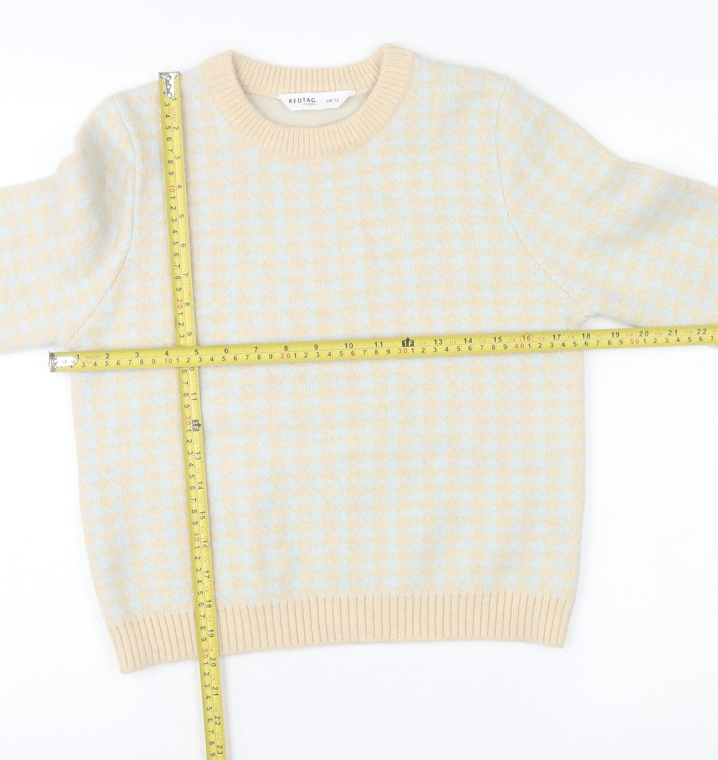 Redtag Woman Beige Blue Houndstooth Crew Neck Jumper UK 12