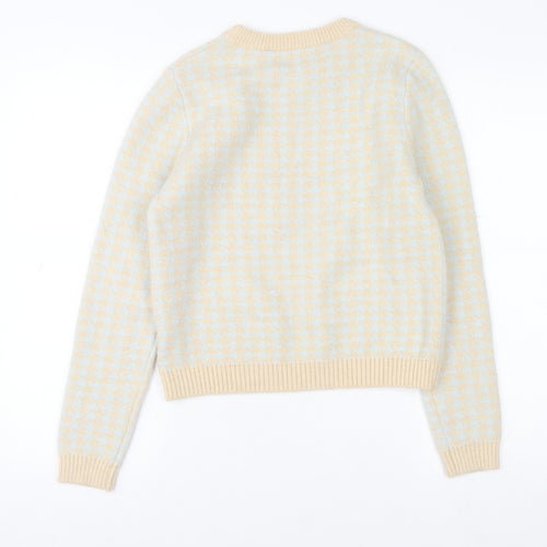 Redtag Woman Beige Blue Houndstooth Crew Neck Jumper UK 12