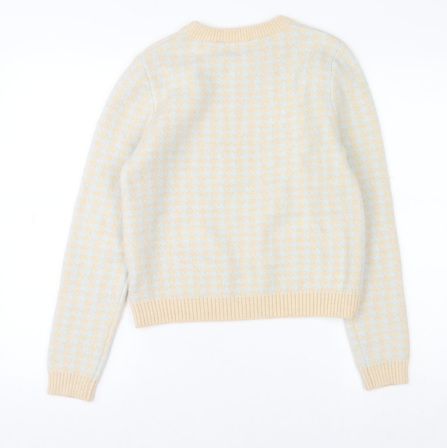 Redtag Woman Beige Blue Houndstooth Crew Neck Jumper UK 12