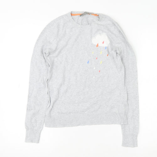 Oasis Women’s Grey Cotton Pullover Jumper XS Crew Neck Embroidered Cloud