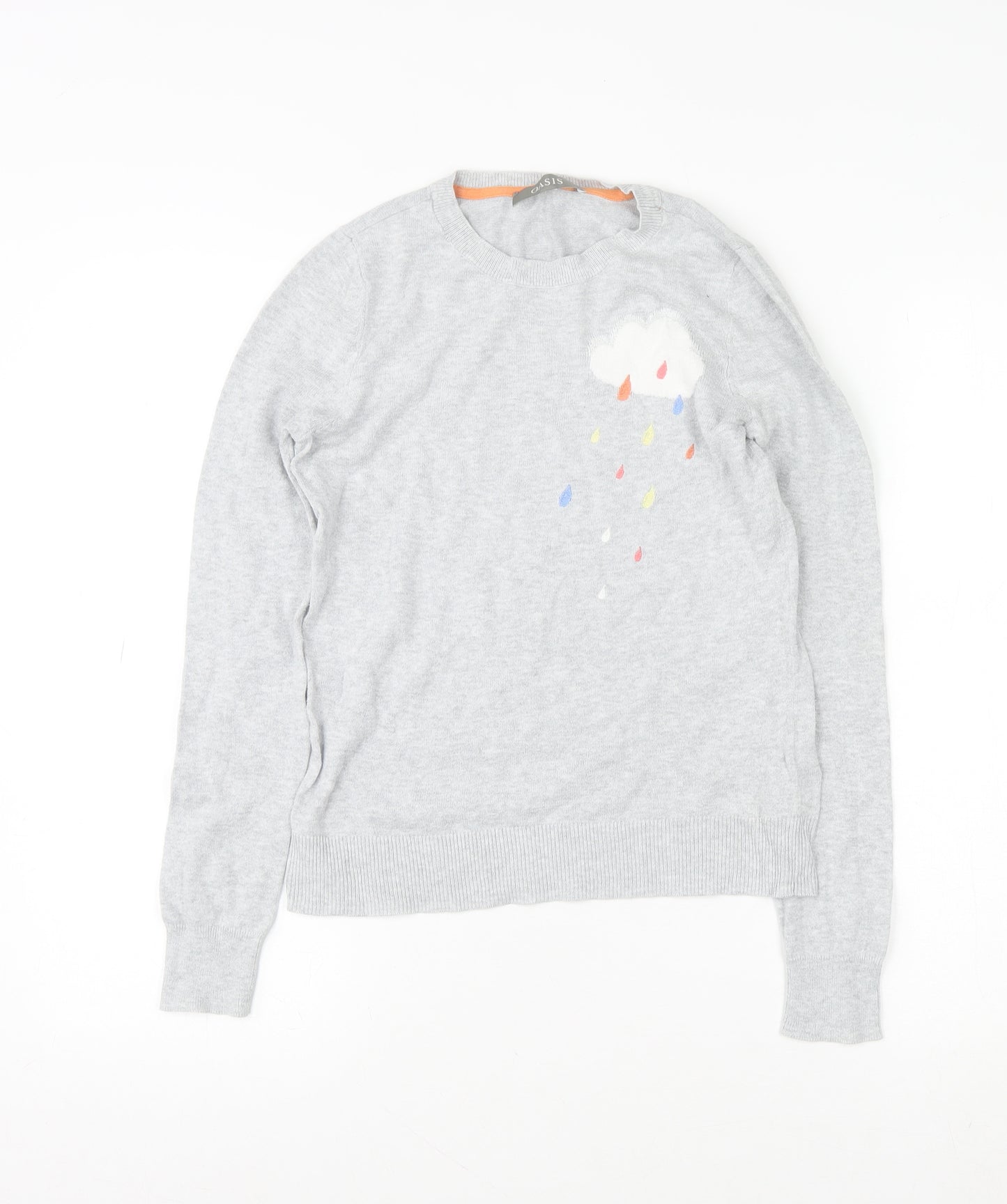 Oasis Women’s Grey Cotton Pullover Jumper XS Crew Neck Embroidered Cloud
