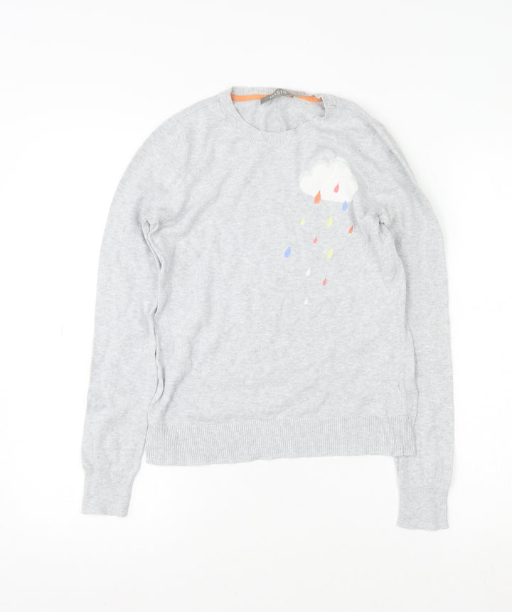 Oasis Women’s Grey Cotton Pullover Jumper XS Crew Neck Embroidered Cloud