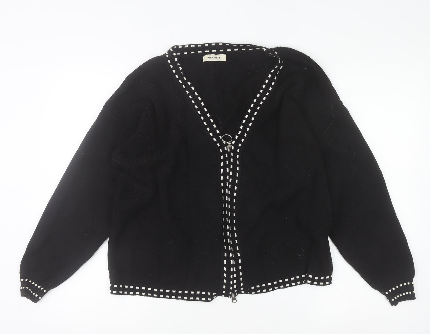 Glamify Women’s Black V-Neck Zip Cardigan M Long Sleeve Knitwear