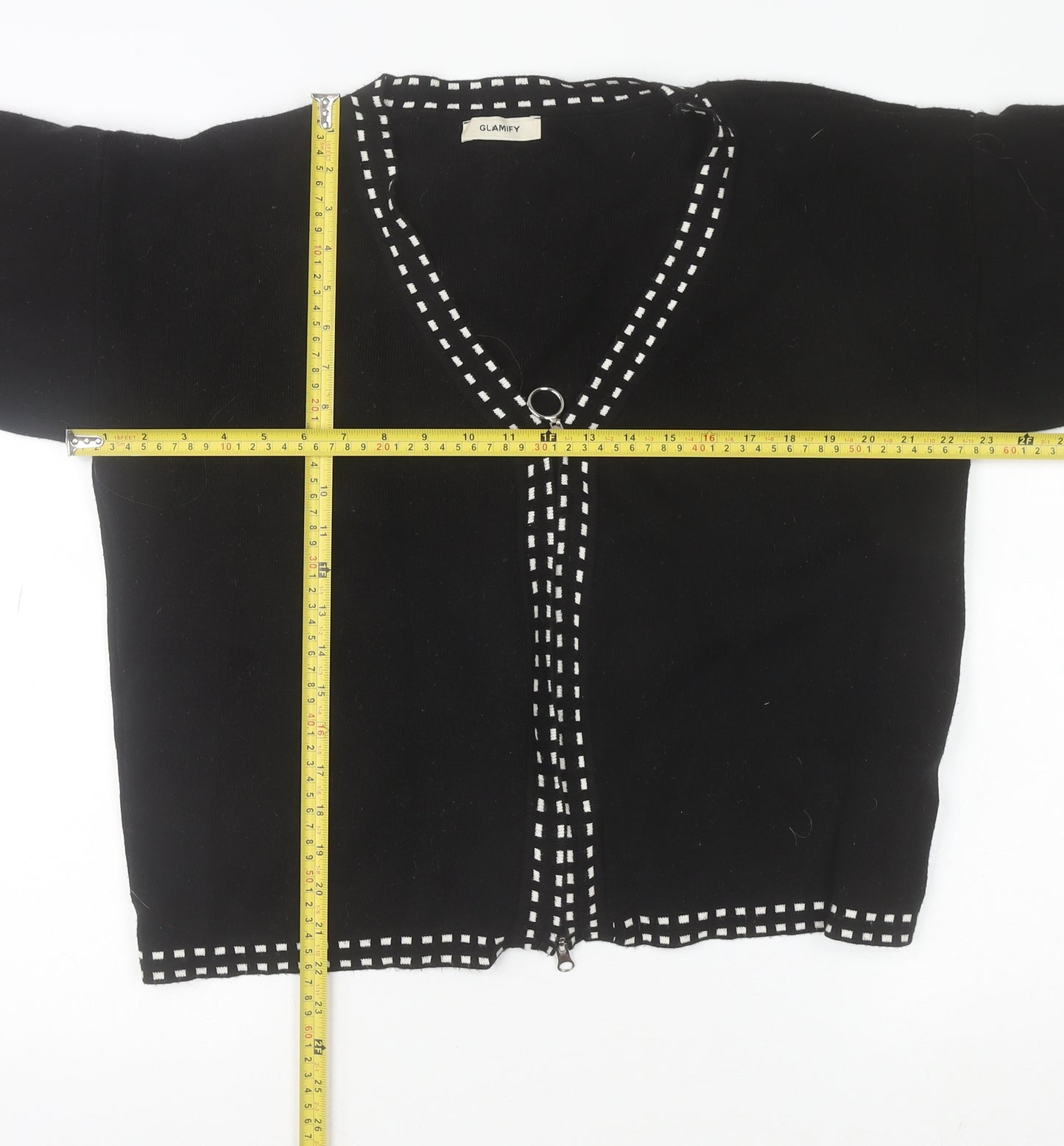 Glamify Women’s Black V-Neck Zip Cardigan M Long Sleeve Knitwear