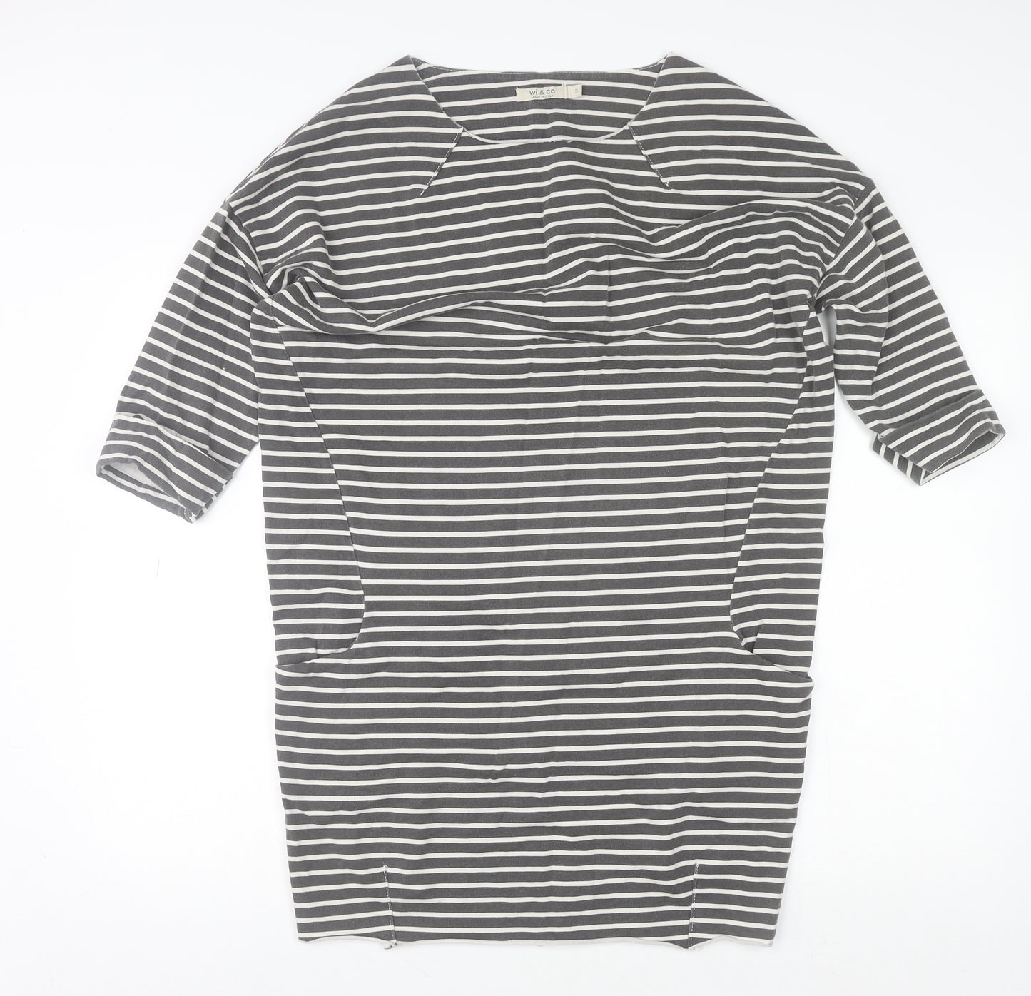 Wi & Co Women Grey Striped Cotton 3/4 Sleeve Relaxed T-Shirt S