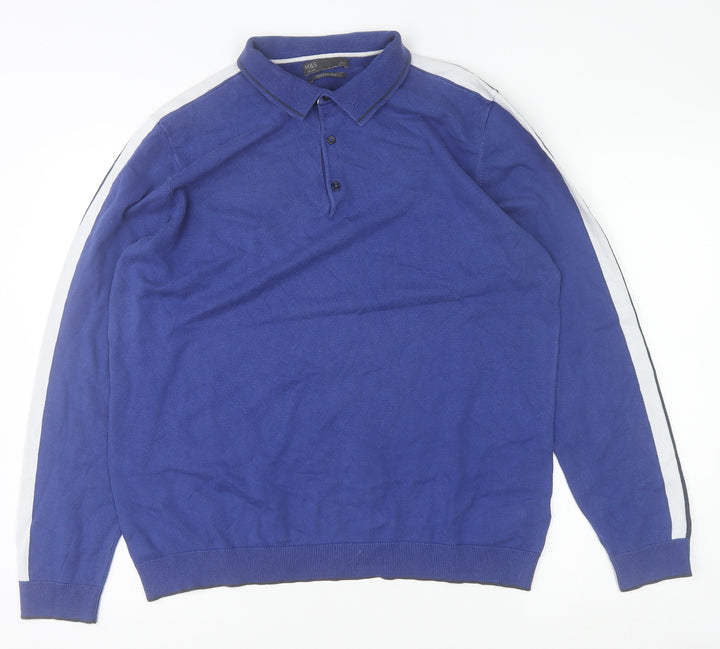 Marks and Spencer Men's Blue Collared Henley Sweatshirt Size L