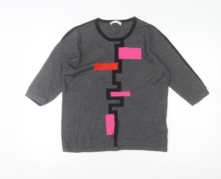 Christa Probst Women Grey Geometric 3/4 Sleeve Pullover Jumper Size 12