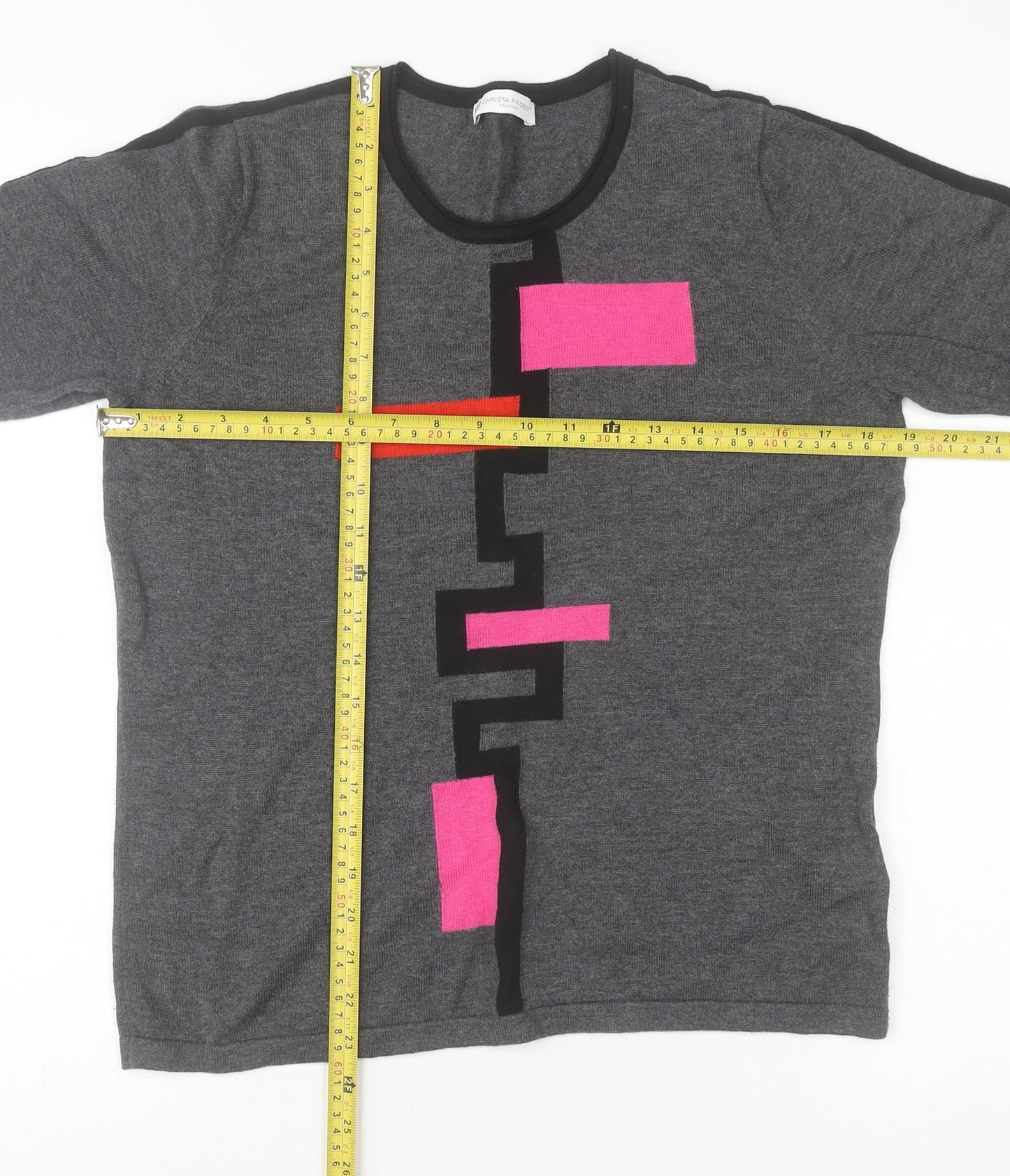 Christa Probst Women Grey Geometric 3/4 Sleeve Pullover Jumper Size 12
