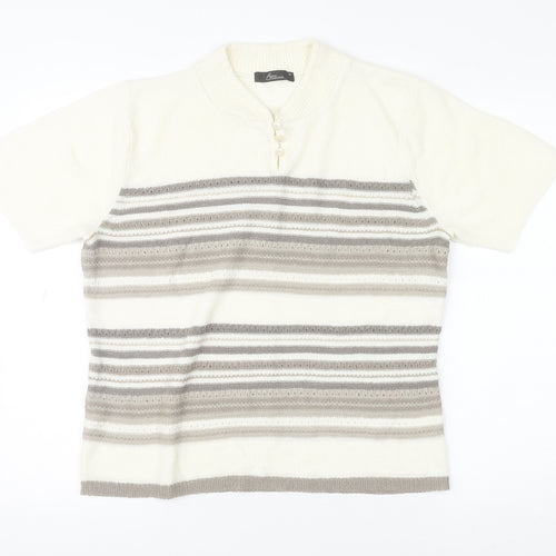 Bm Collection Women Beige Striped High Neck Short Sleeve Wool Jumper M