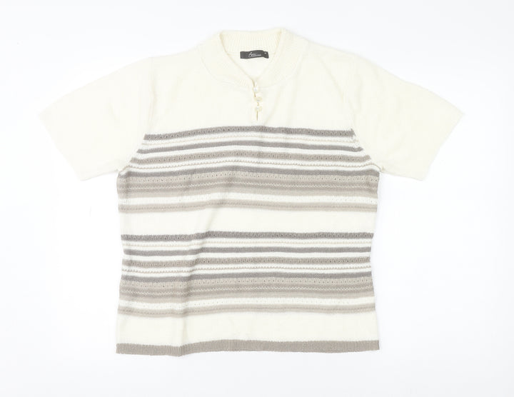 Bm Collection Women Beige Striped High Neck Short Sleeve Wool Jumper M