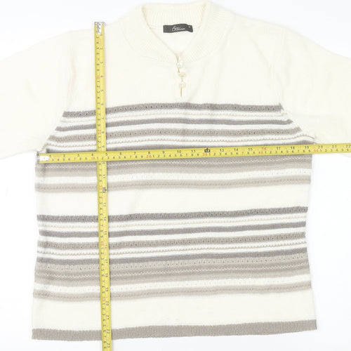 Bm Collection Women Beige Striped High Neck Short Sleeve Wool Jumper M