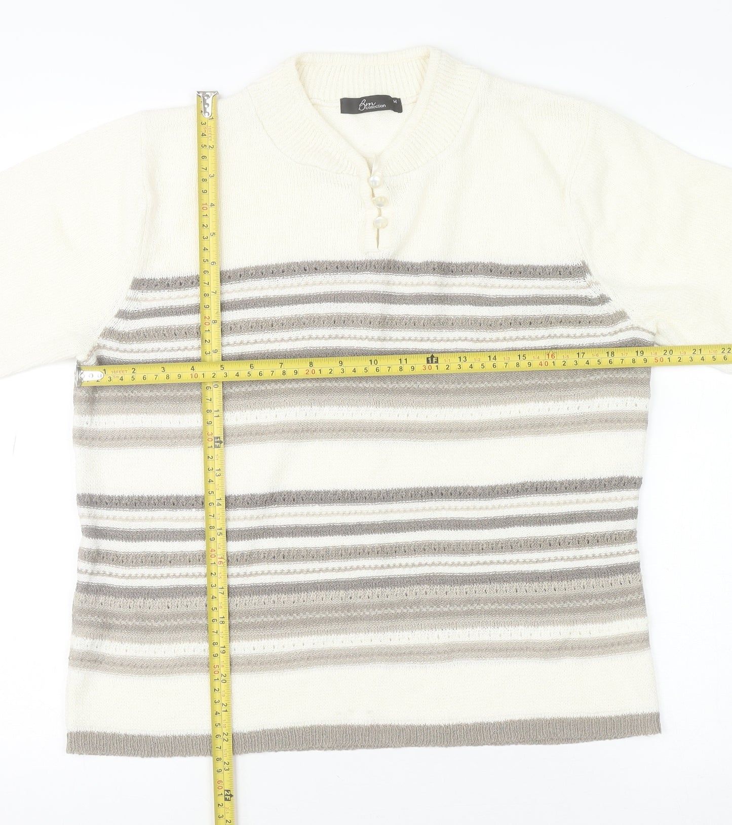 Bm Collection Women Beige Striped High Neck Short Sleeve Wool Jumper M