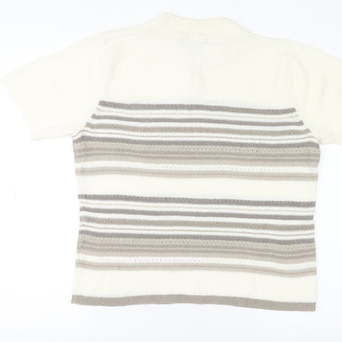 Bm Collection Women Beige Striped High Neck Short Sleeve Wool Jumper M