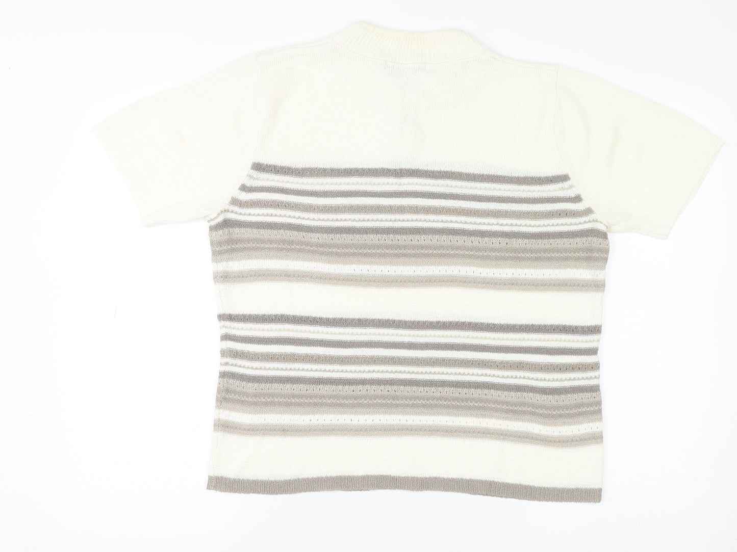 Bm Collection Women Beige Striped High Neck Short Sleeve Wool Jumper M