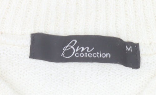 Bm Collection Women Beige Striped High Neck Short Sleeve Wool Jumper M
